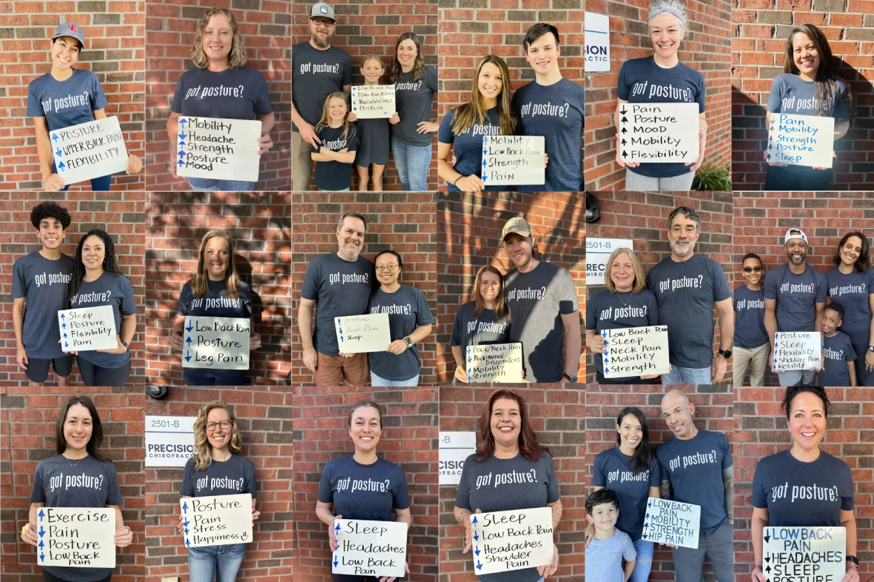 A photograph collage of various patients that were treated at the same Matthews, NC chiropractic clinic
